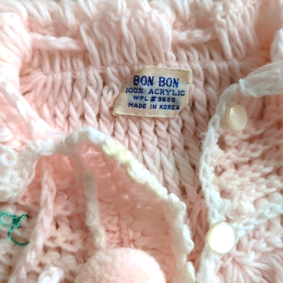 Vintage Pink PomPom Bon Bon Baby Crochet Sweater Hat Booties Set - Picture 3 of 11